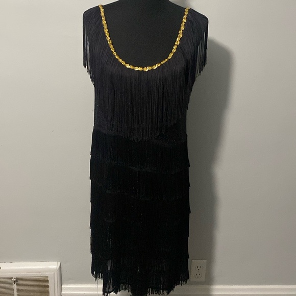 Black Flapper Dress Costume by California Costume Collections L Sparkle Fringe - Picture 1 of 13